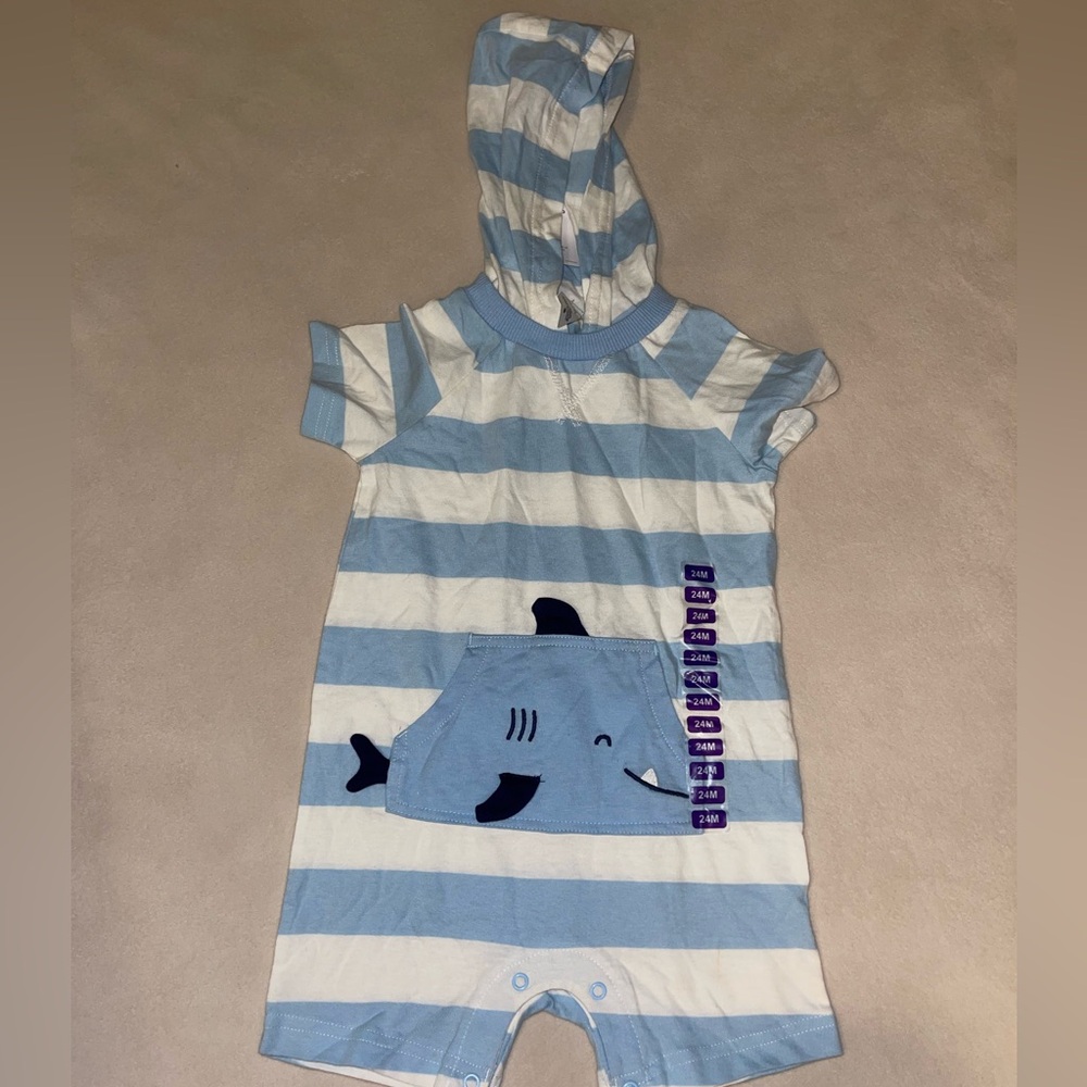 Carter's Light Blue and White Striped Bodysuit‎ with Fish Pocket